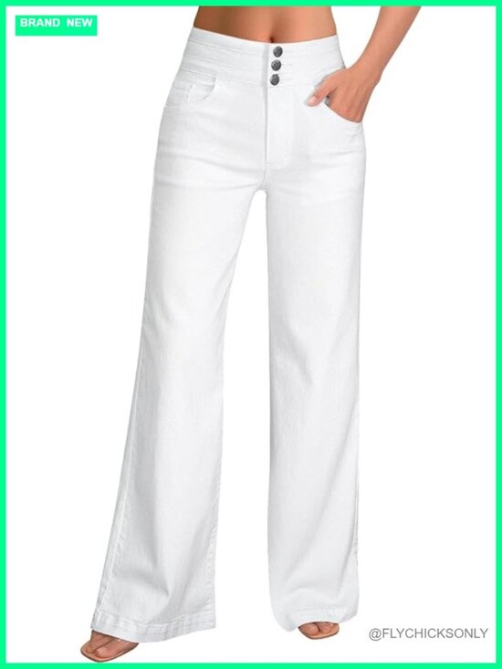 Denim - High Waisted Stretch Baggy Wide Leg Denim Pants